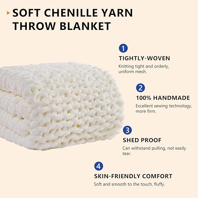 Cream chunky chenille knit blanket throw, folded close-up with textured cable rows
