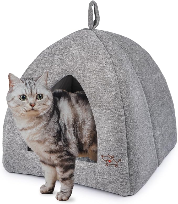 Gray soft pet tent bed with front opening, plush cushion inside, and cat near the entrance