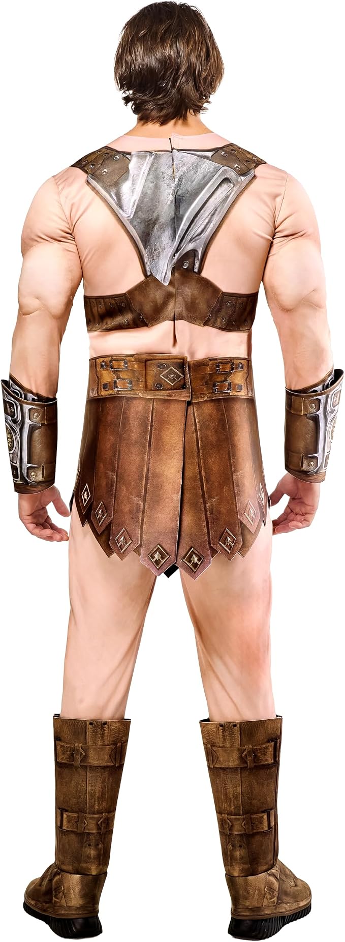 Men's He-Man costume back: silver shoulder armor and brown tunic with diamond belt accents