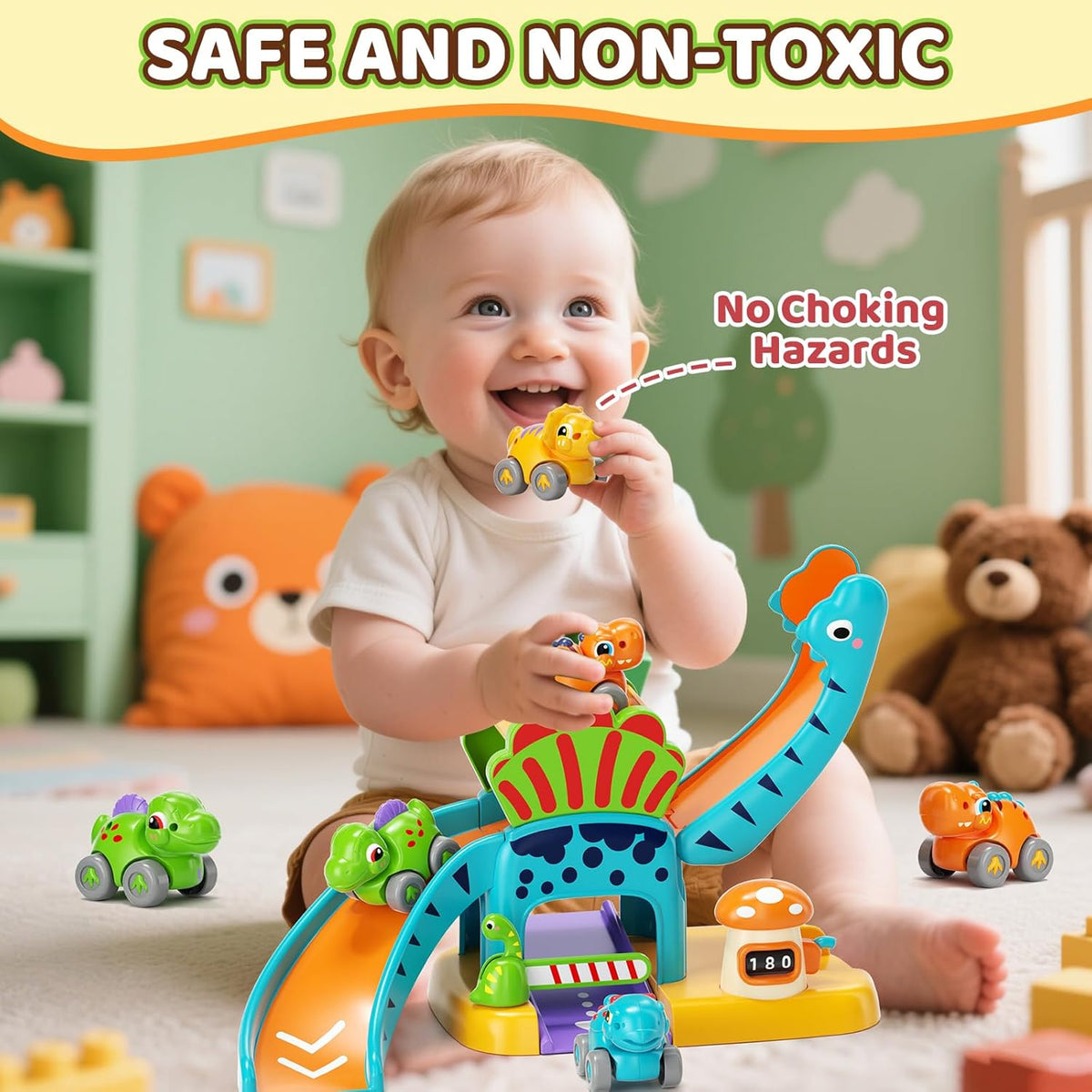 Dinosaur garage slide toy set with 4 mini push cars on bright base