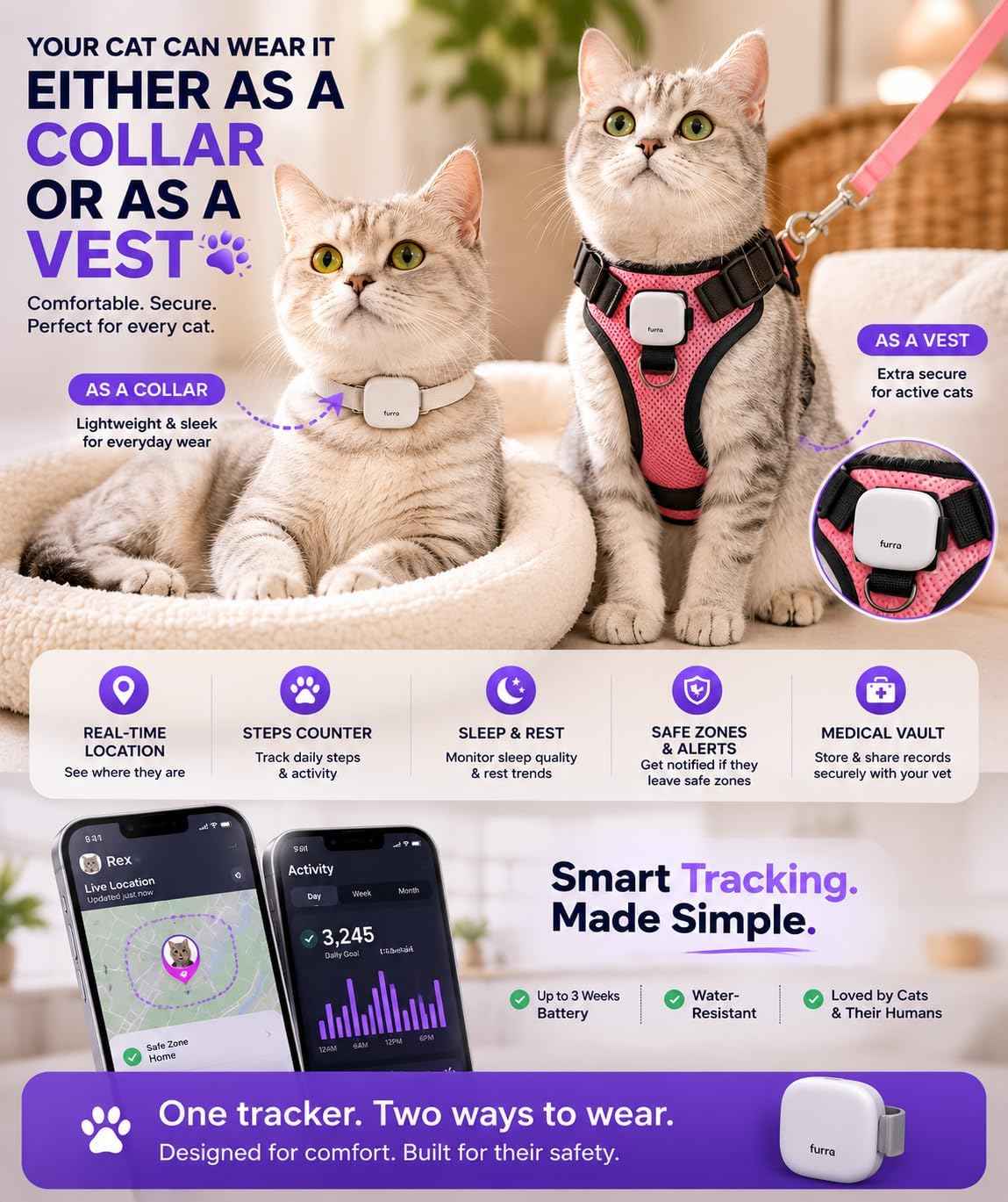 White pet tracker attached to a cat collar and pink harness