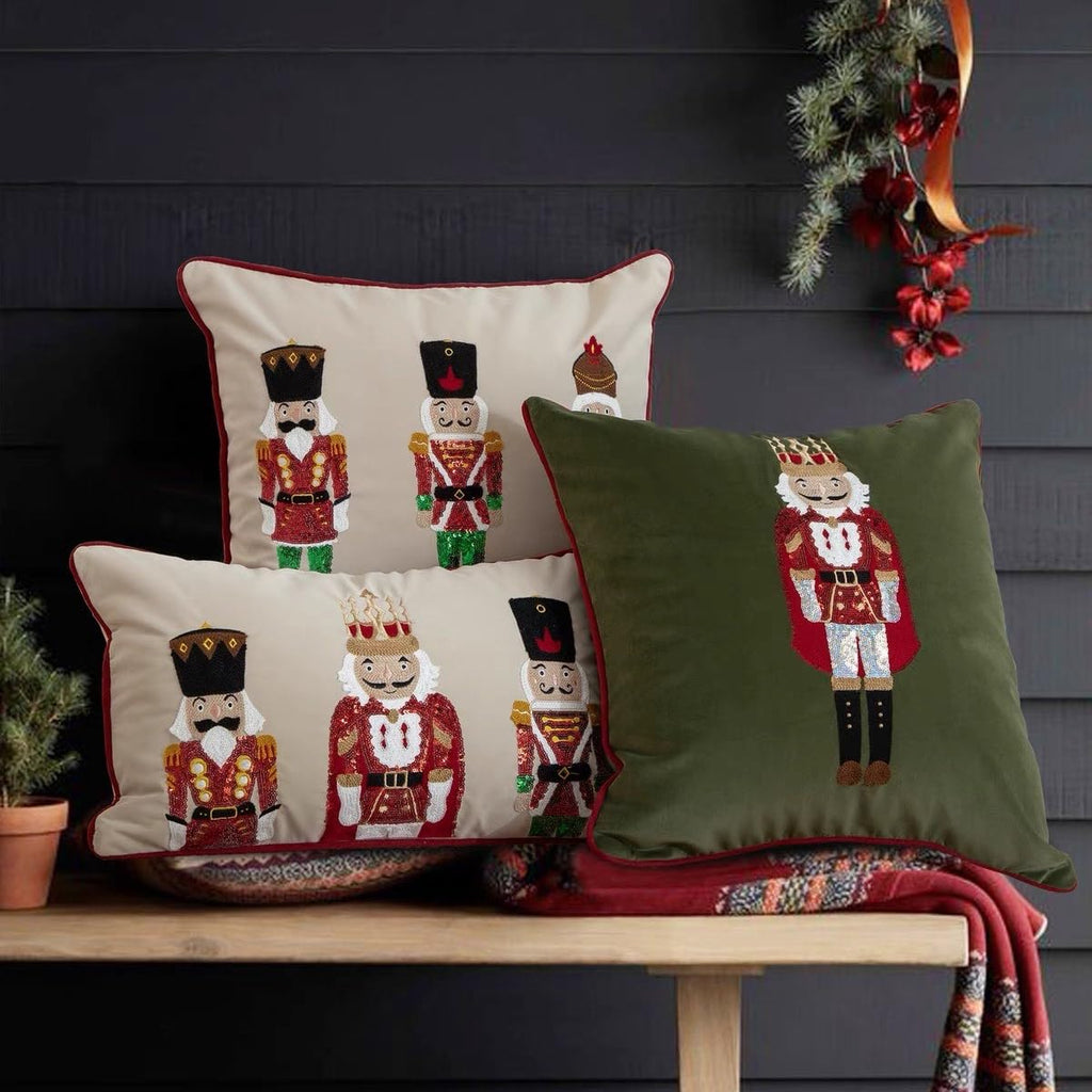 Green velvet throw pillow cover with embroidered nutcracker figure, square cushion