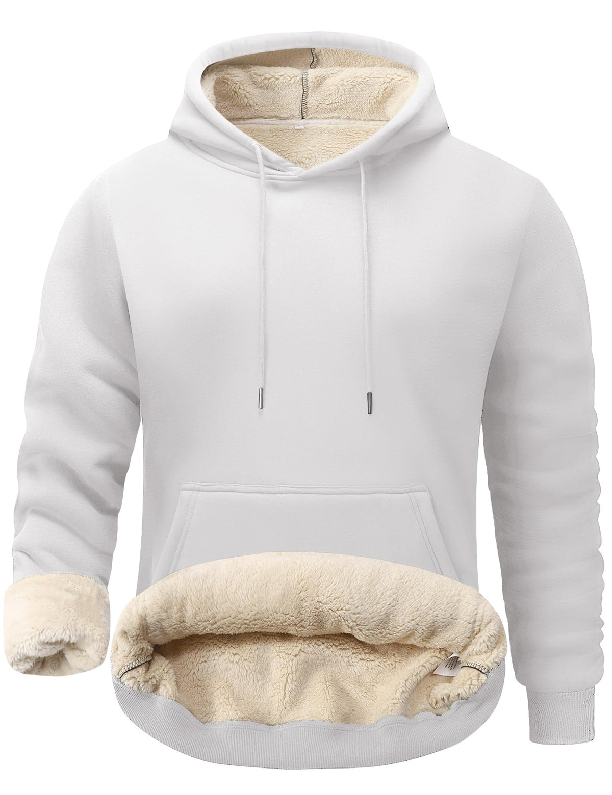 Men's sherpa-lined fleece hoodie with hood and kangaroo pocket, white