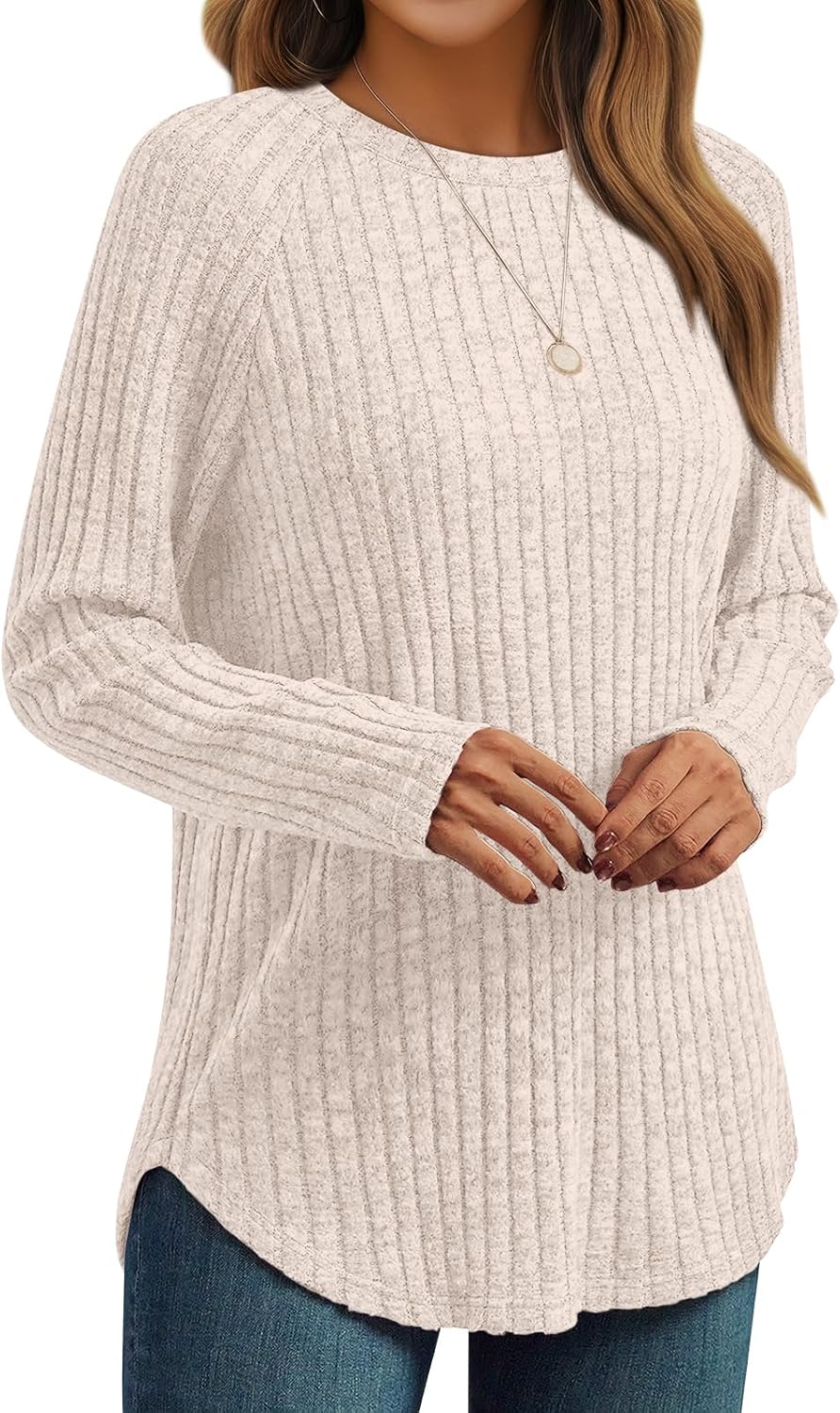 Beige ribbed crewneck long-sleeve tunic top, front view