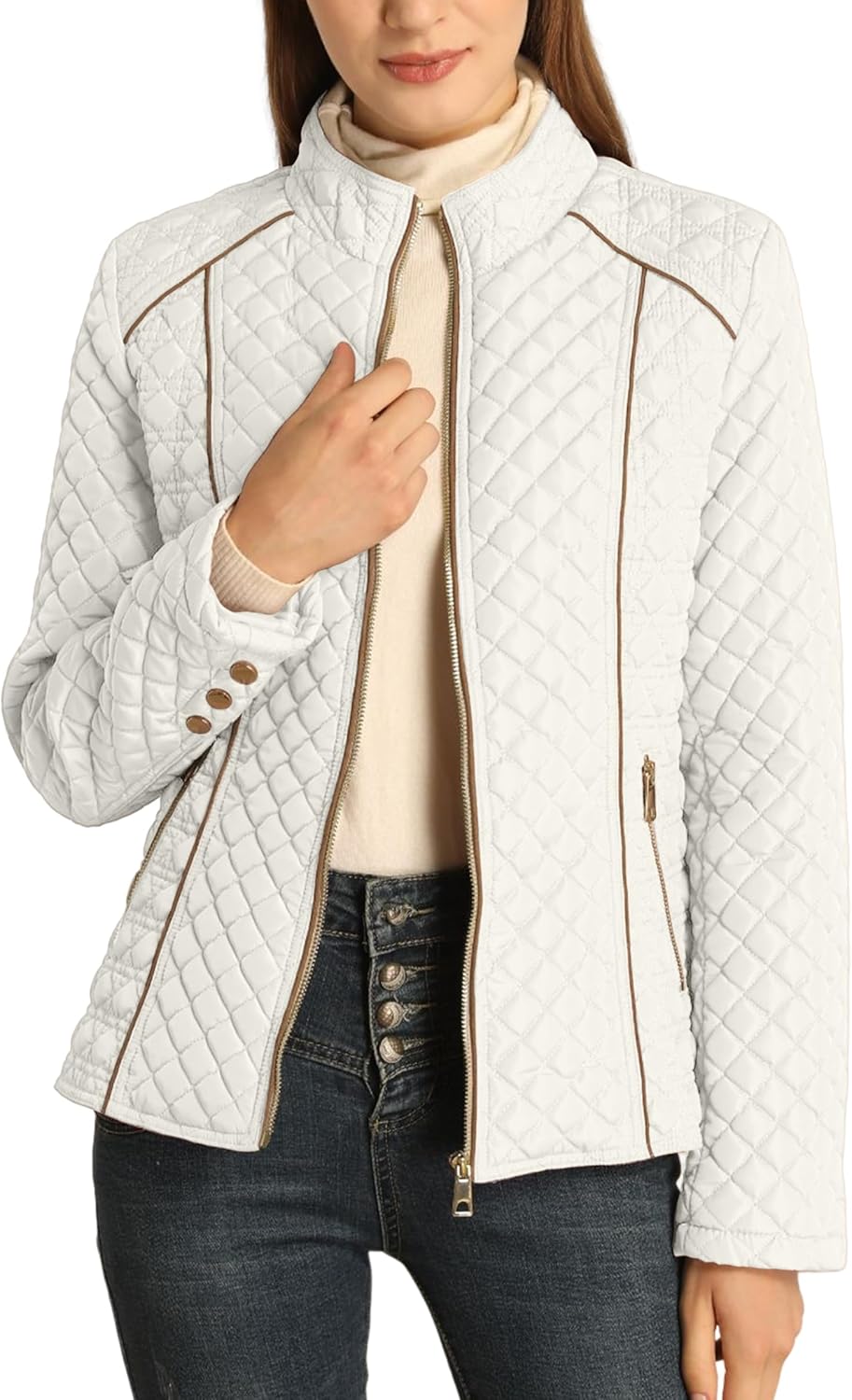 White quilted puffer jacket with stand collar and front zipper, long sleeves
