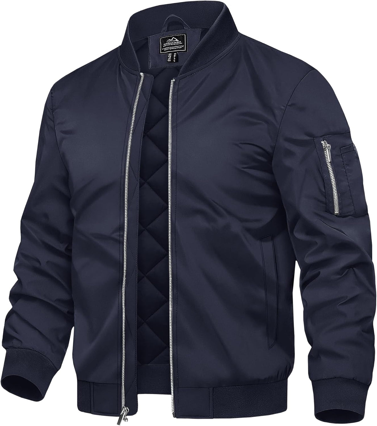 Men's navy bomber jacket with quilted lining, full-zip stand collar, ribbed cuffs