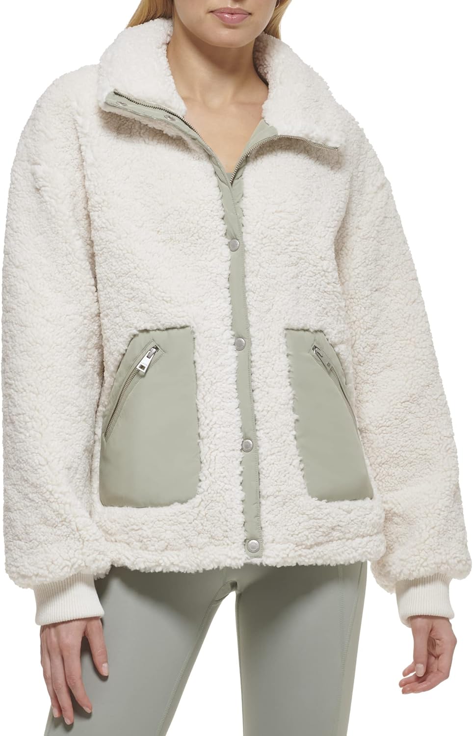 Women's sherpa teddy jacket in cream with zip front, flap chest pockets, tan lining