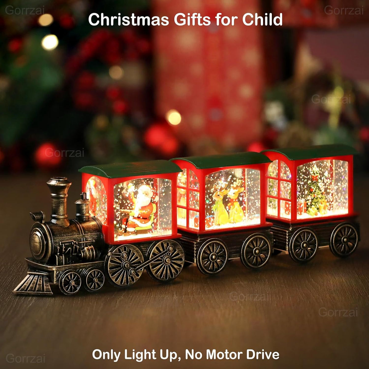 Red and green train snow globe lantern with Santa and reindeer scenes, glowing interior