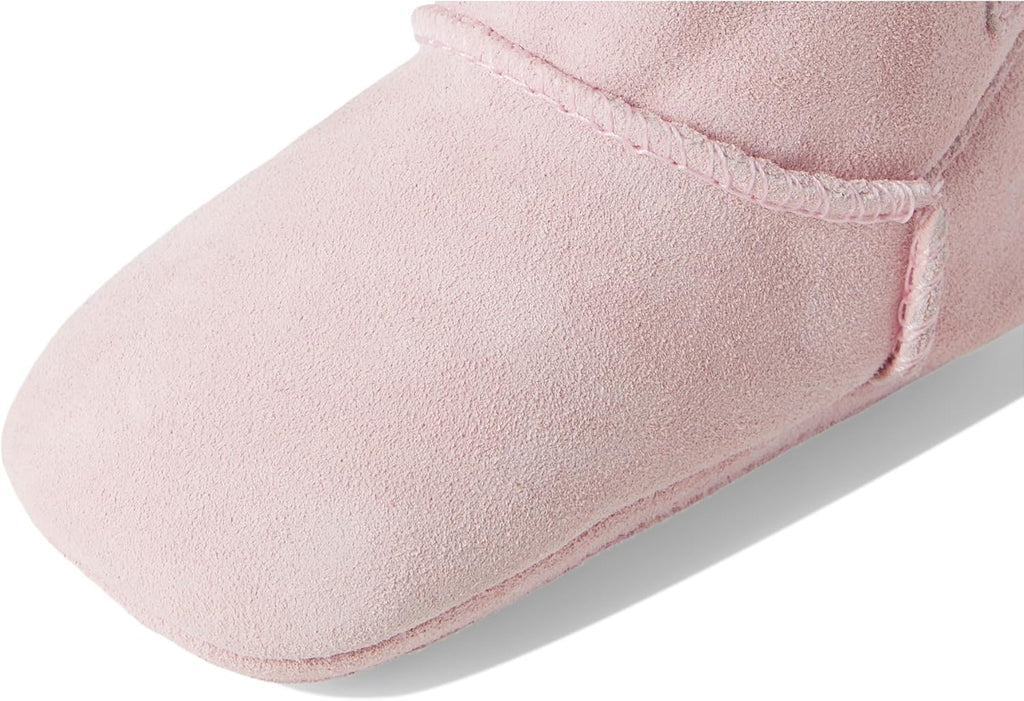 Pink baby suede booties with smooth toe and stitched side seam