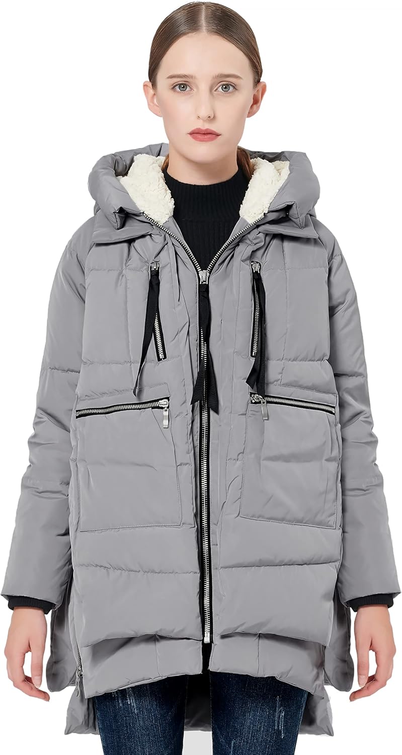 Gray hooded down jacket with faux-fur collar, zip front, and adjustable drawstring hood