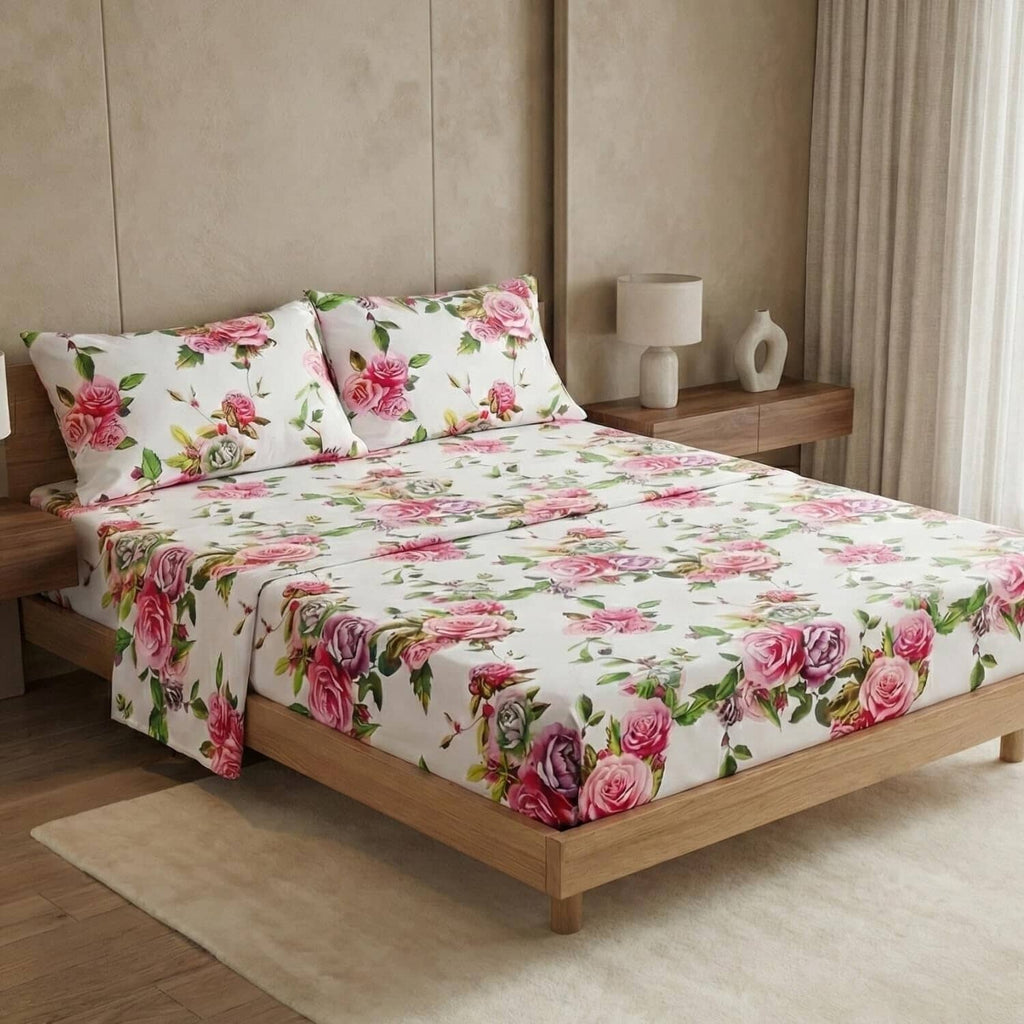Rose floral sheet set with pink roses on white, coordinating pillowcases