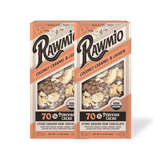 Two RawNIO coconut caramel & crushed cashew bark packages side by side