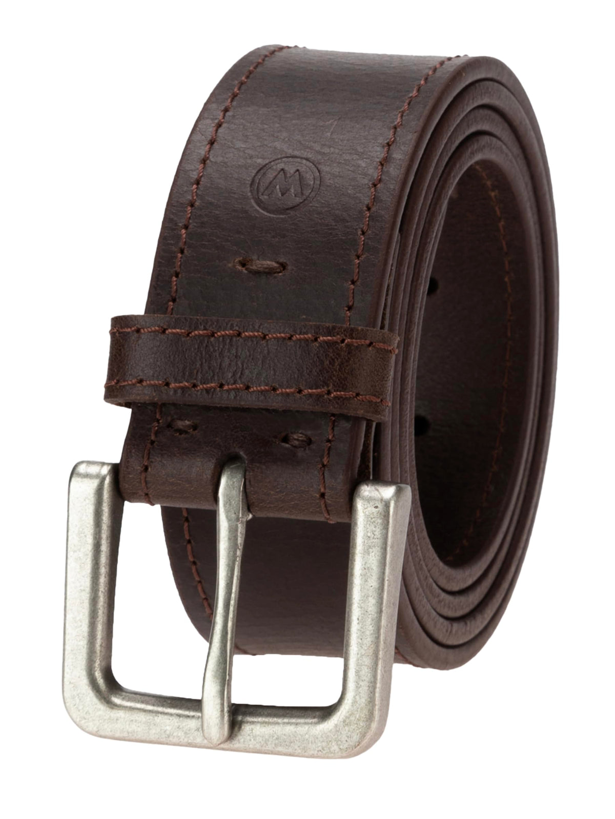 Brown leather dress belt with rectangular silver buckle and stitched holes