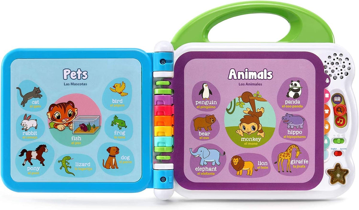 Green learning book toy open to Pets and Animals word panels