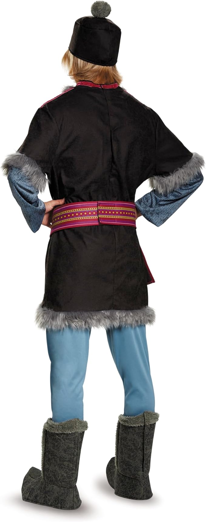 Back view adult costume tunic with black hat, fur trim, blue pants, and gray boot covers