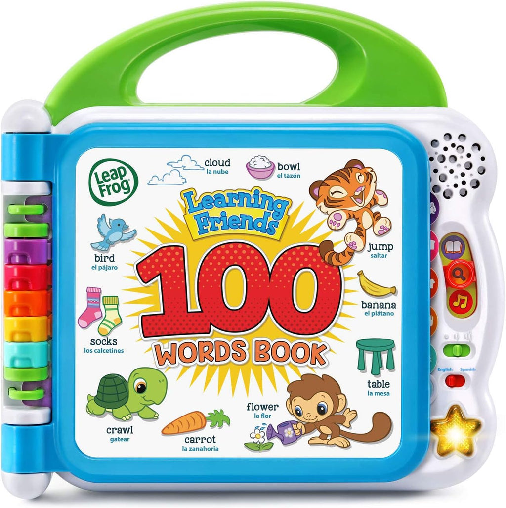 Green interactive 100 words learning book toy with colorful side buttons and handle