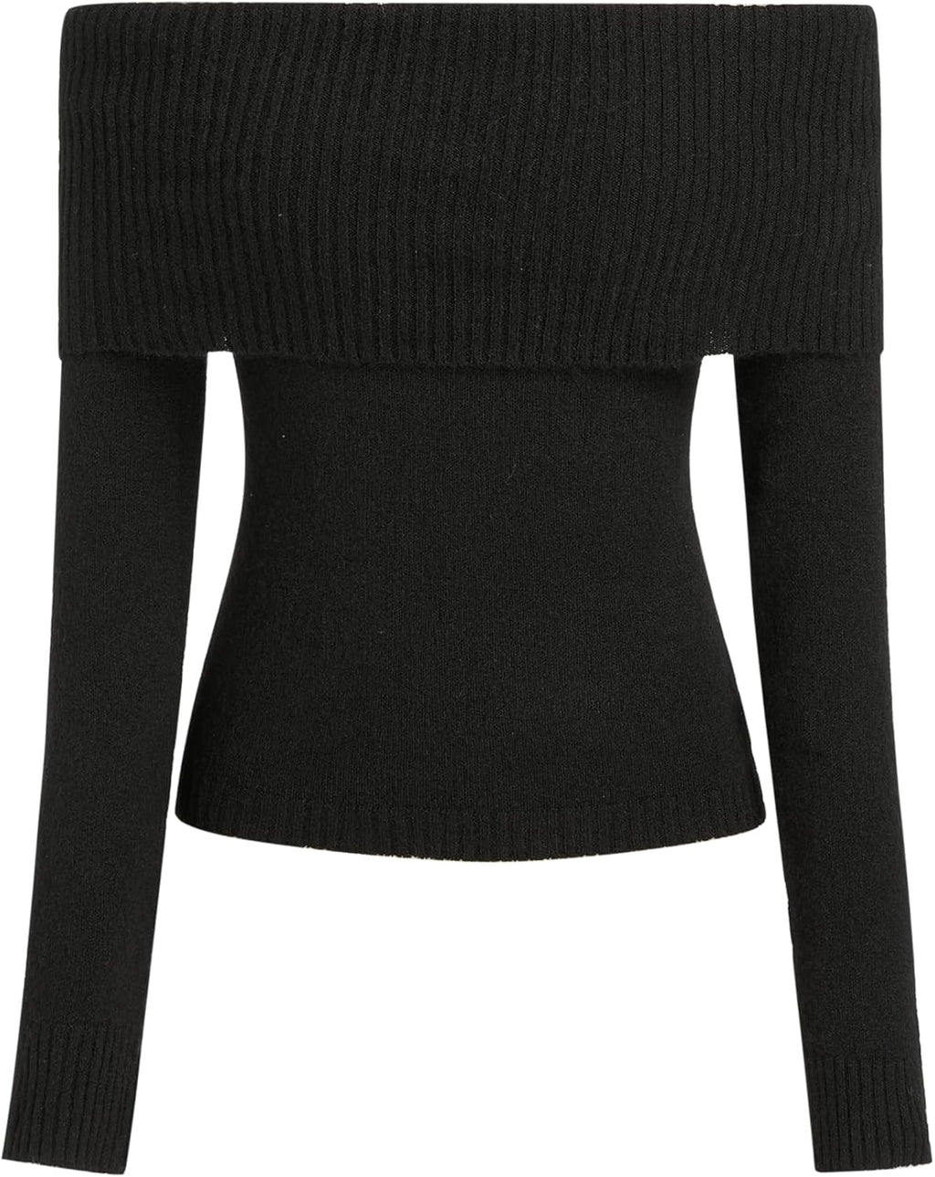 Black off-shoulder knitted long sleeve top with ribbed neckline and hem
