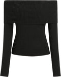 Black off-shoulder knitted long sleeve top with fitted ribbed trim