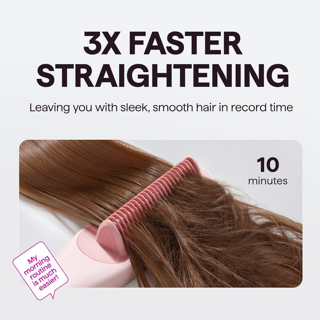 Pink steam hair straightening brush combing through brown hair