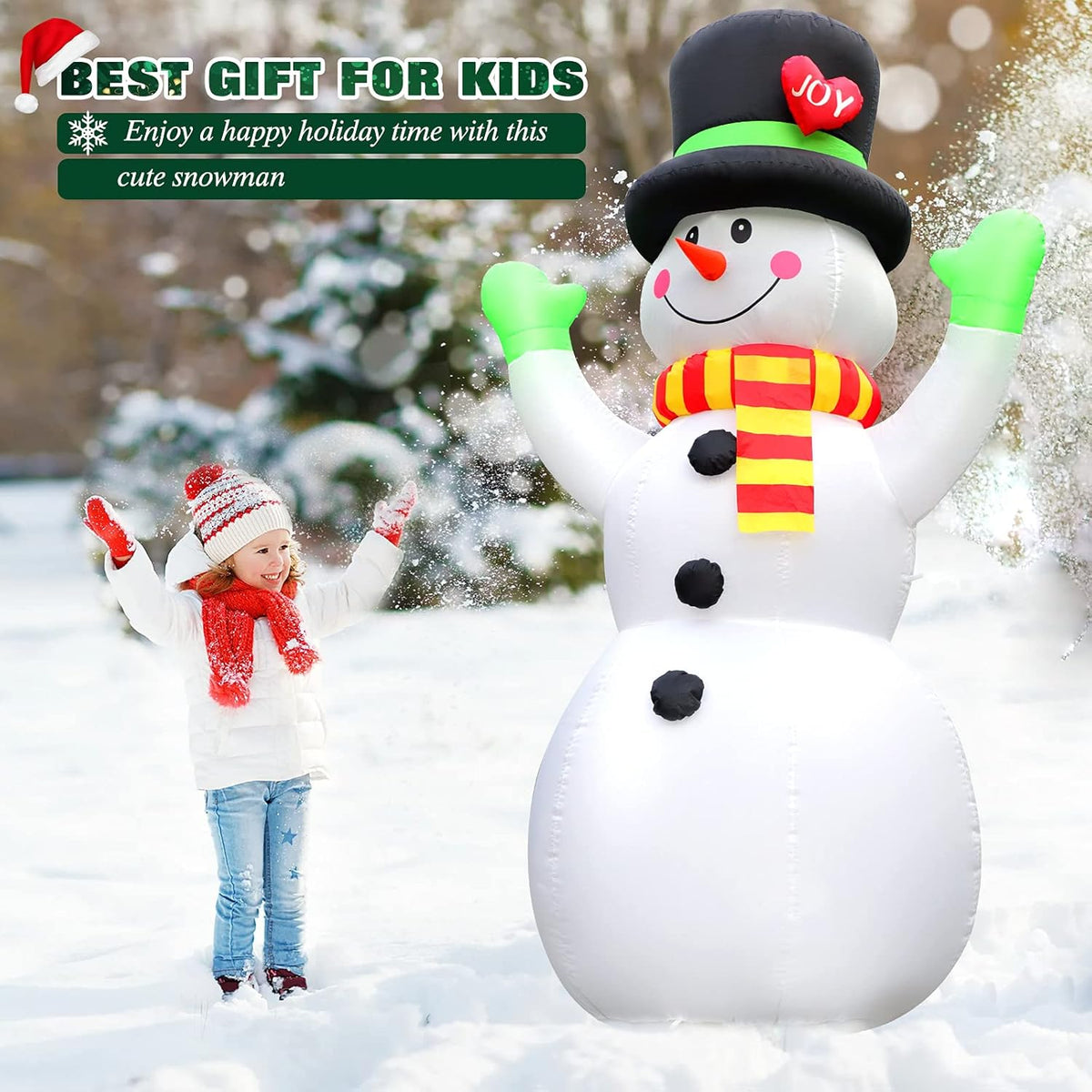 White inflatable snowman with black top hat, red Joy badge, striped scarf, raised arms