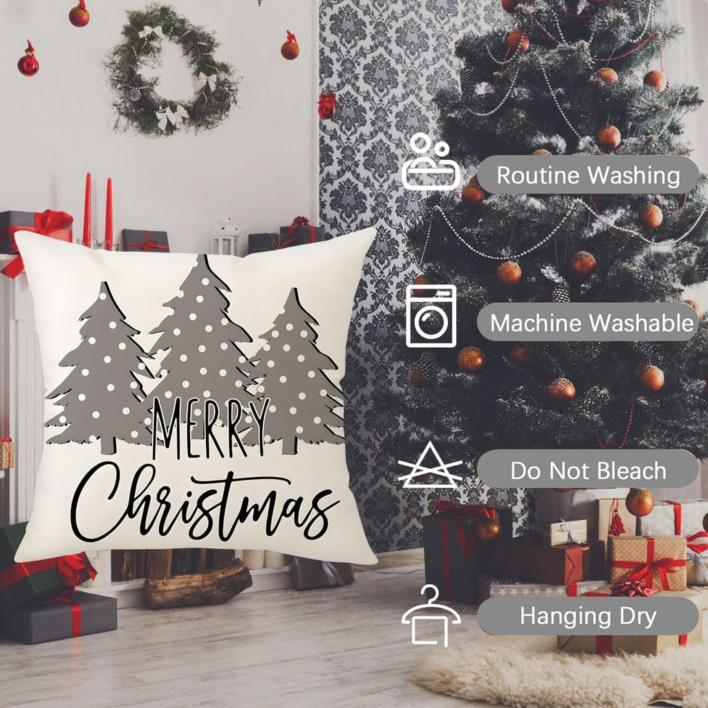 Set of Christmas pillow covers with gray Merry Christmas trees, snowflakes and ornament