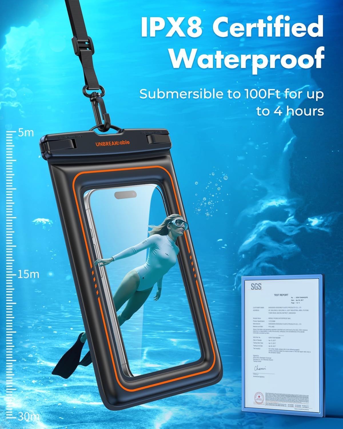 IPX8-rated floating waterproof phone pouch, black with clear front window and long strap