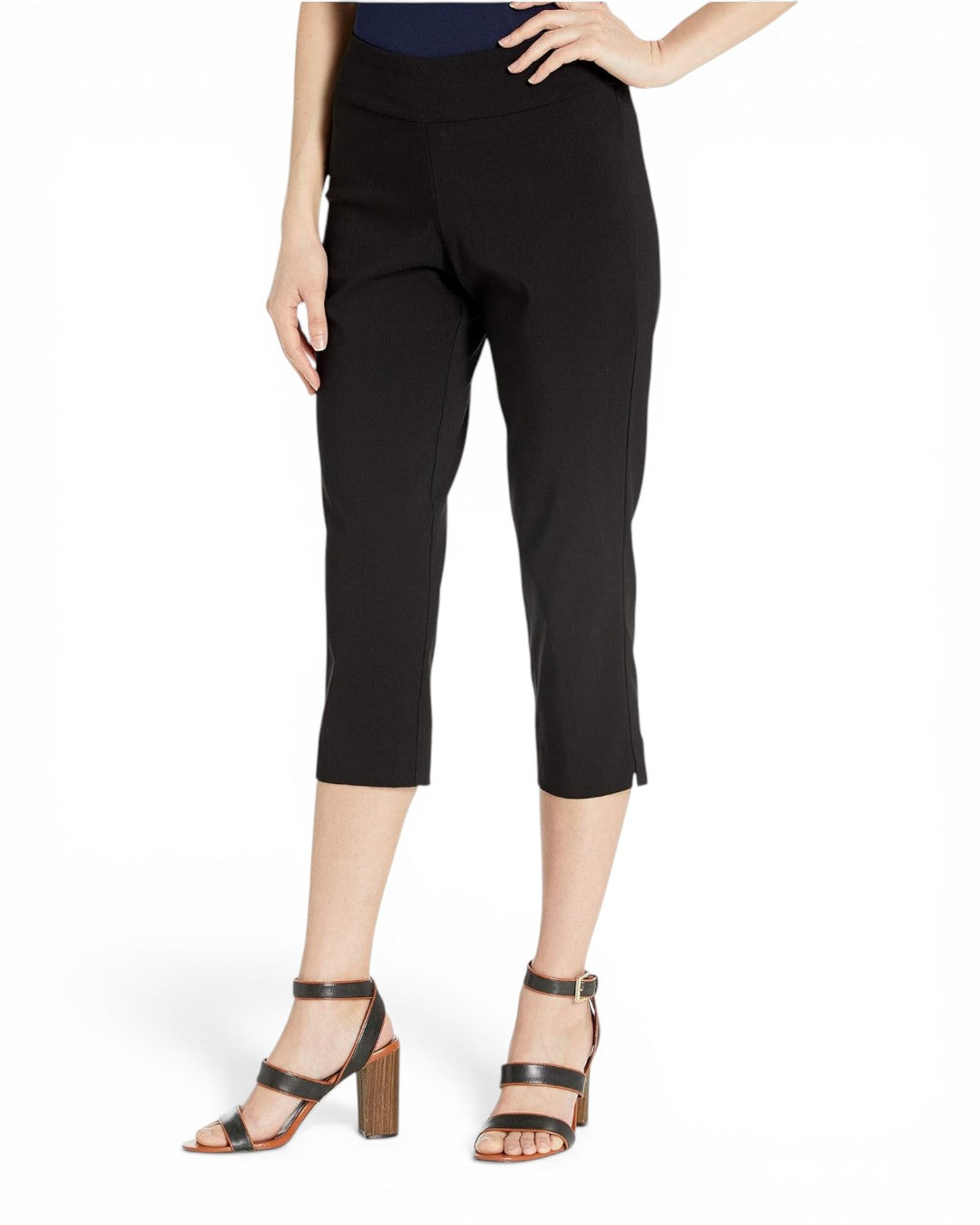 Black pull-on capri pants with ankle-length hem