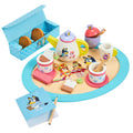 Wooden tea party set tray with teapot, cups, sugar bowl, and cookie and cards