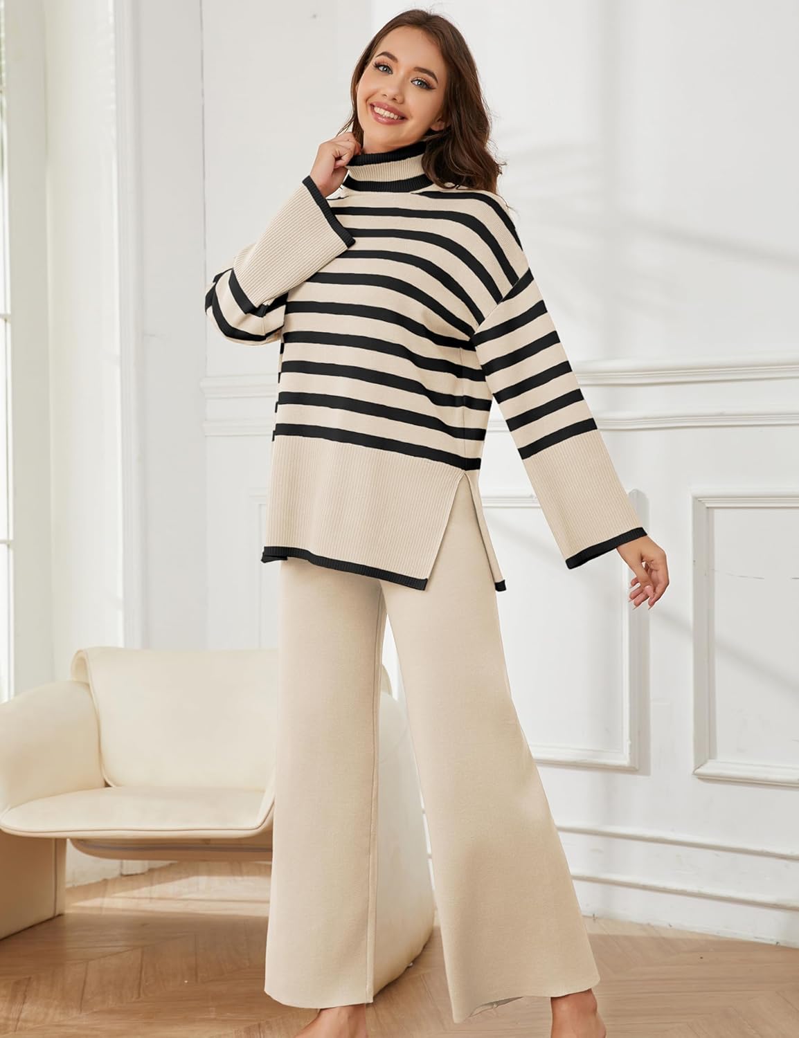Women’s striped knit sweater and wide-leg pants set, cream with black striped pullover