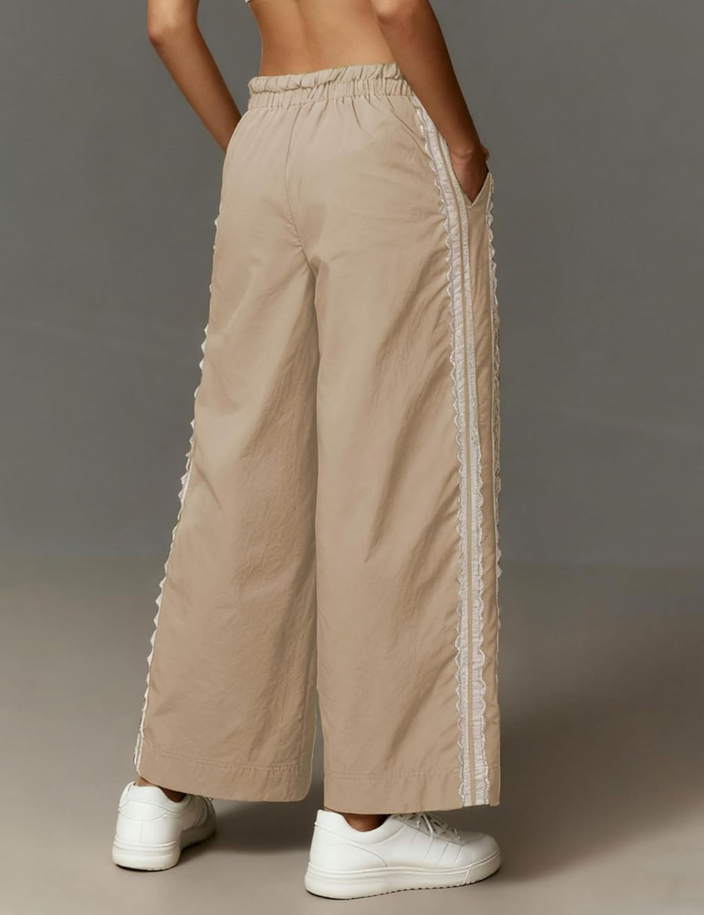 Women's khaki wide-leg track pants with lace-trim side stripe and elastic waistband