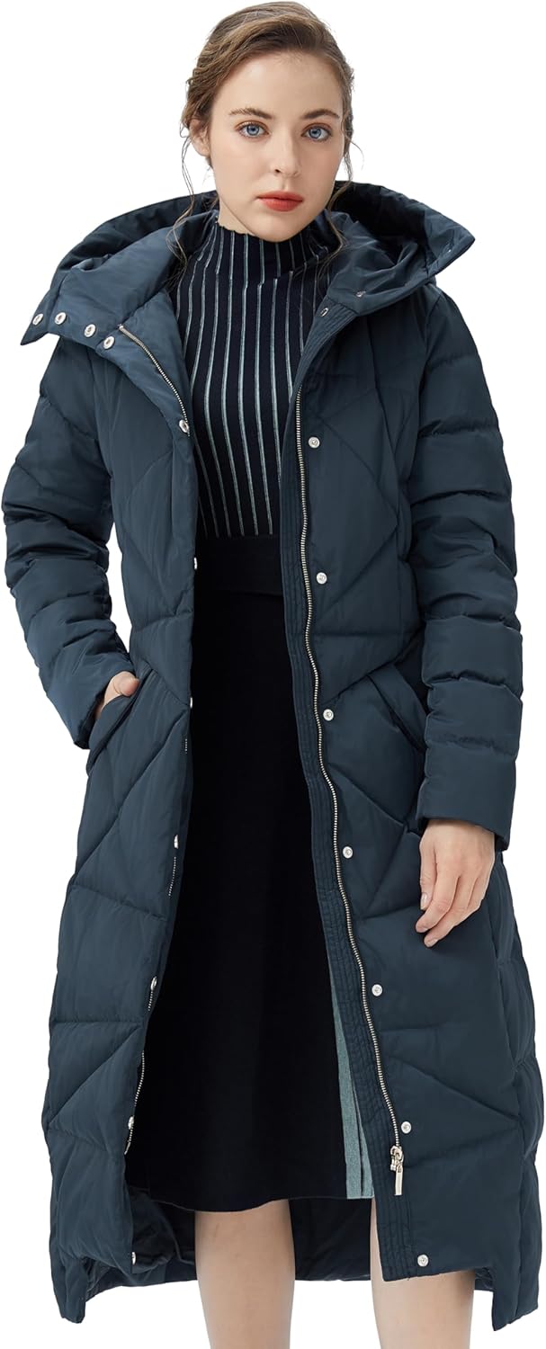 Women’s navy hooded long puffer down coat with front zipper, pockets, and drawstring