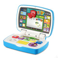 Blue interactive toddler laptop with built-in keyboard and animal-themed touchscreen display