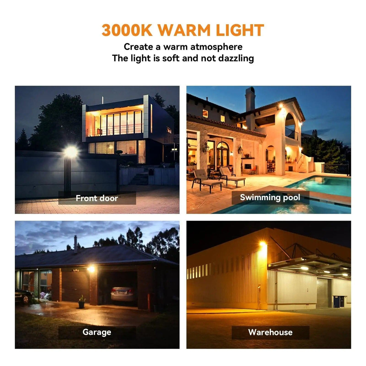 Warm-white solar street LED light shown illuminating multiple outdoor areas