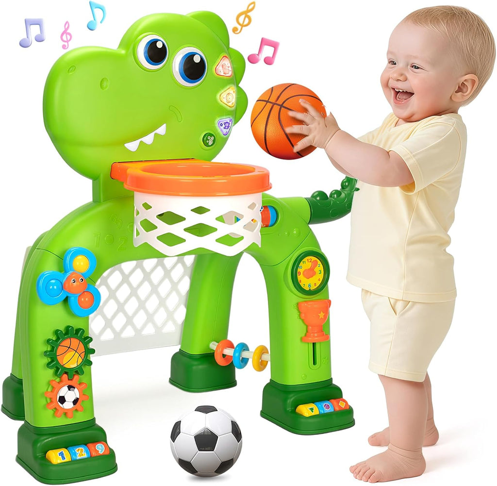 Green dinosaur toddler basketball hoop toy with orange rim and soccer goal, standing base