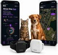 Smart GPS pet tracker in black and white with app screens showing activity and location