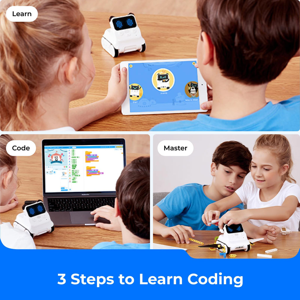 White coding robot toy with blue LED screen on a table during kids’ play.