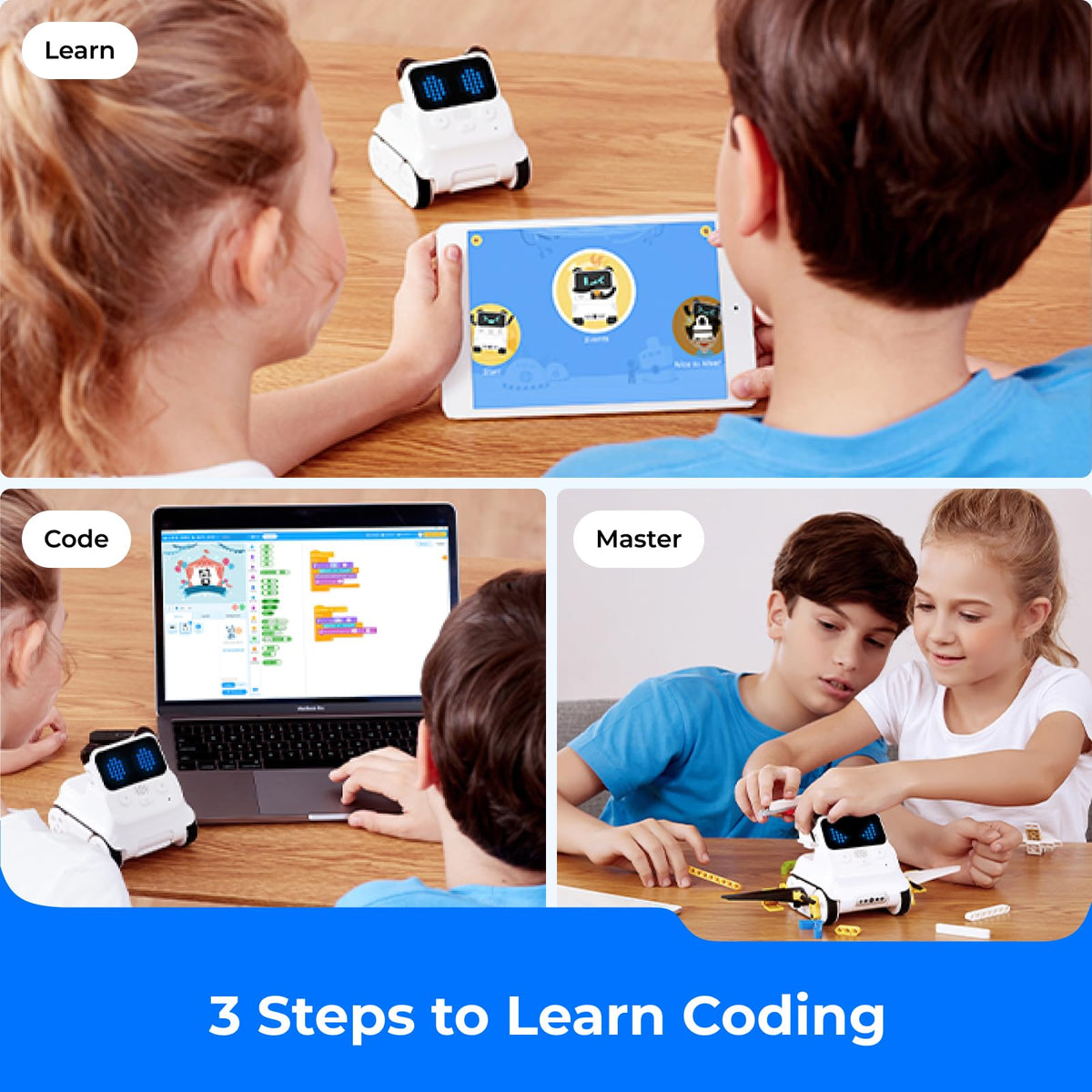 White coding robot toy with blue LED screen on a table during kids’ play.