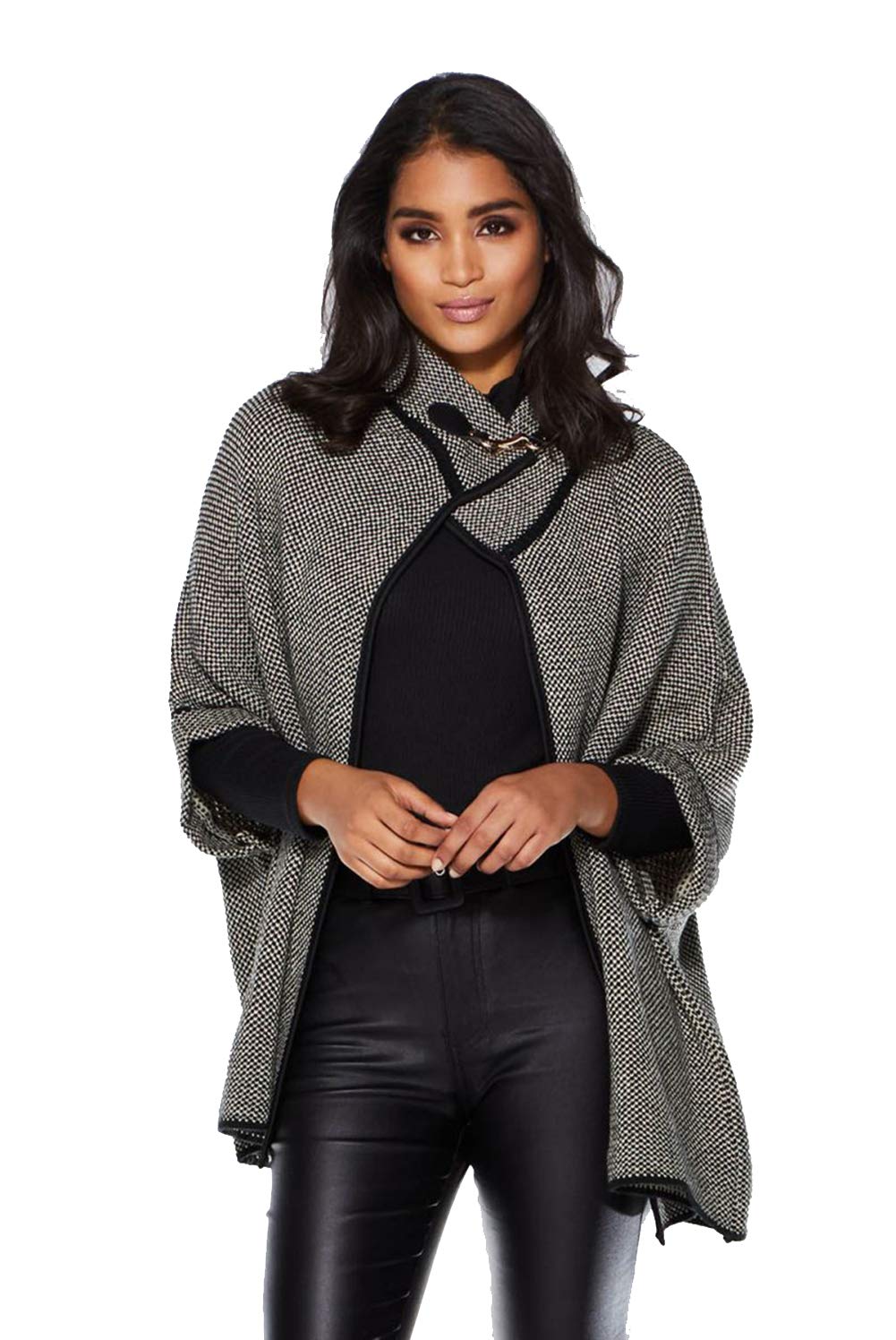 Grey speckled knit poncho cardigan with black trim and buckle at the neckline