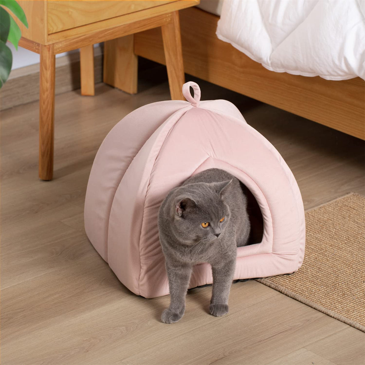 Pink soft cat bed cushion with rounded sides and cat inside the front opening