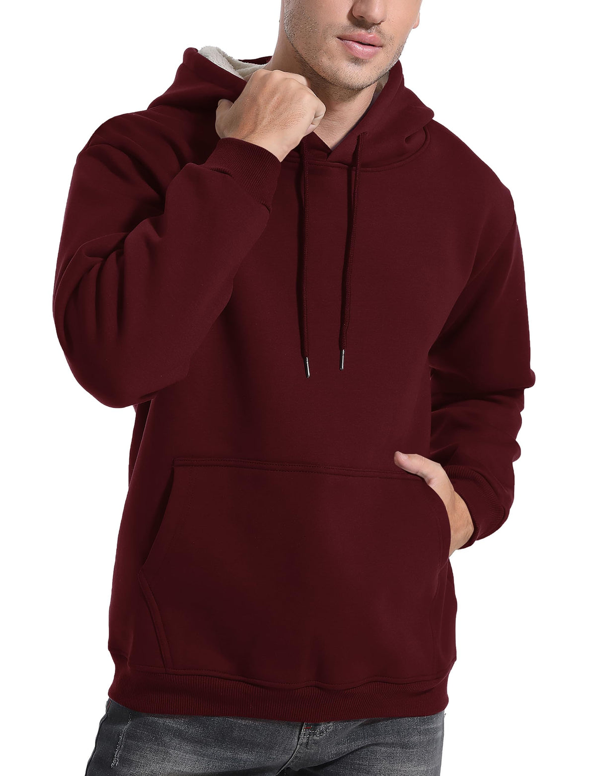 Men's fleece hoodie with sherpa lining, pullover style, hood with drawstrings, kangaroo pocket.