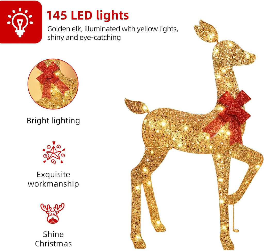 Gold glitter lit reindeer yard decoration with red bows, three deer silhouettes