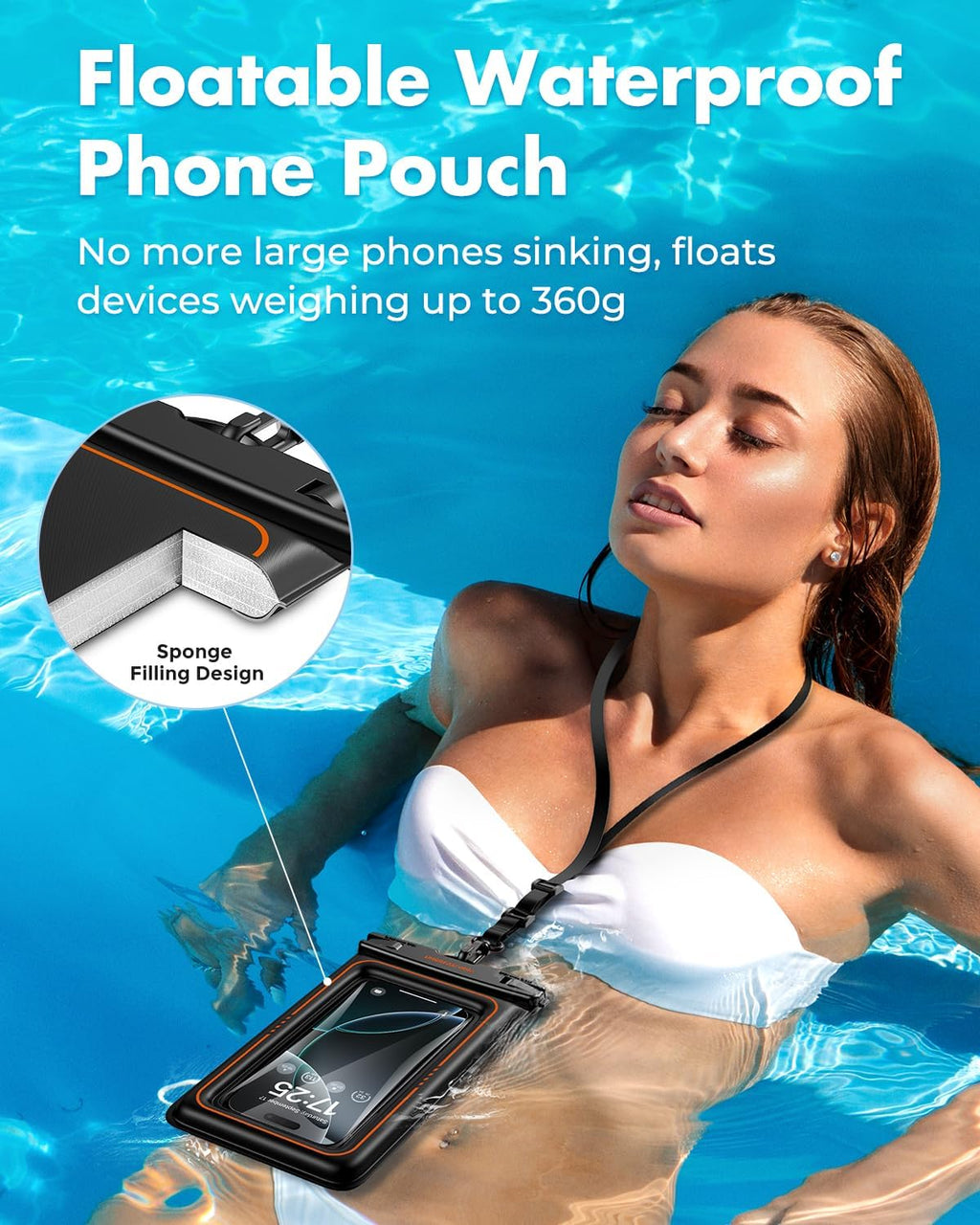Black floating waterproof phone pouch with clear touch-screen window and carrying strap