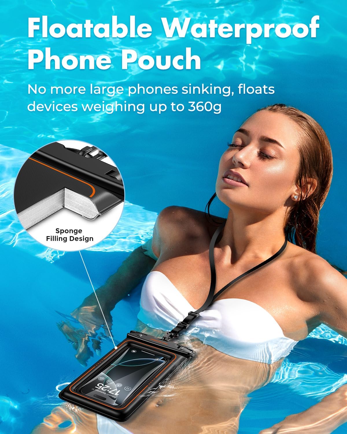Black floating waterproof phone pouch with clear touch-screen window and carrying strap