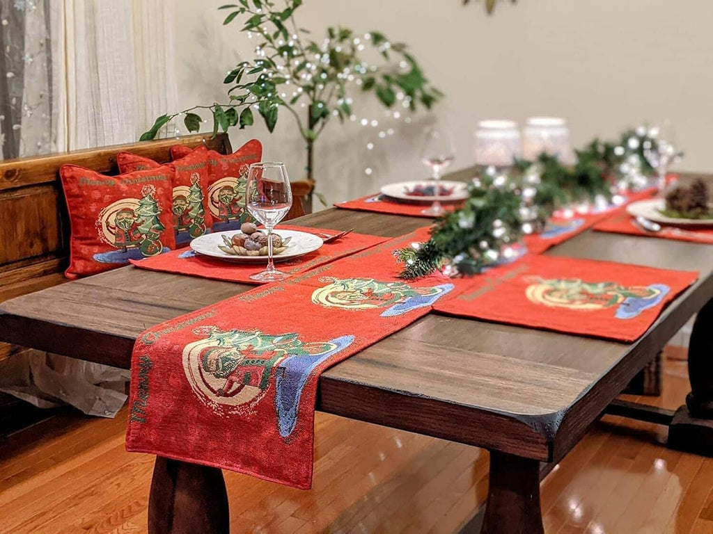 Red woven tapestry table runner with repeating Santa-and-tree design
