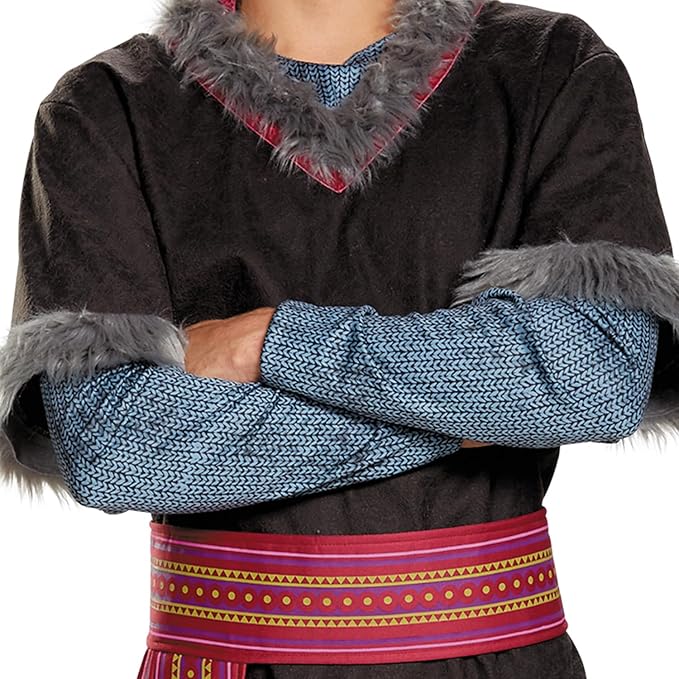 Close-up tunic with fur trim, striped belt, and blue knitted cuffs