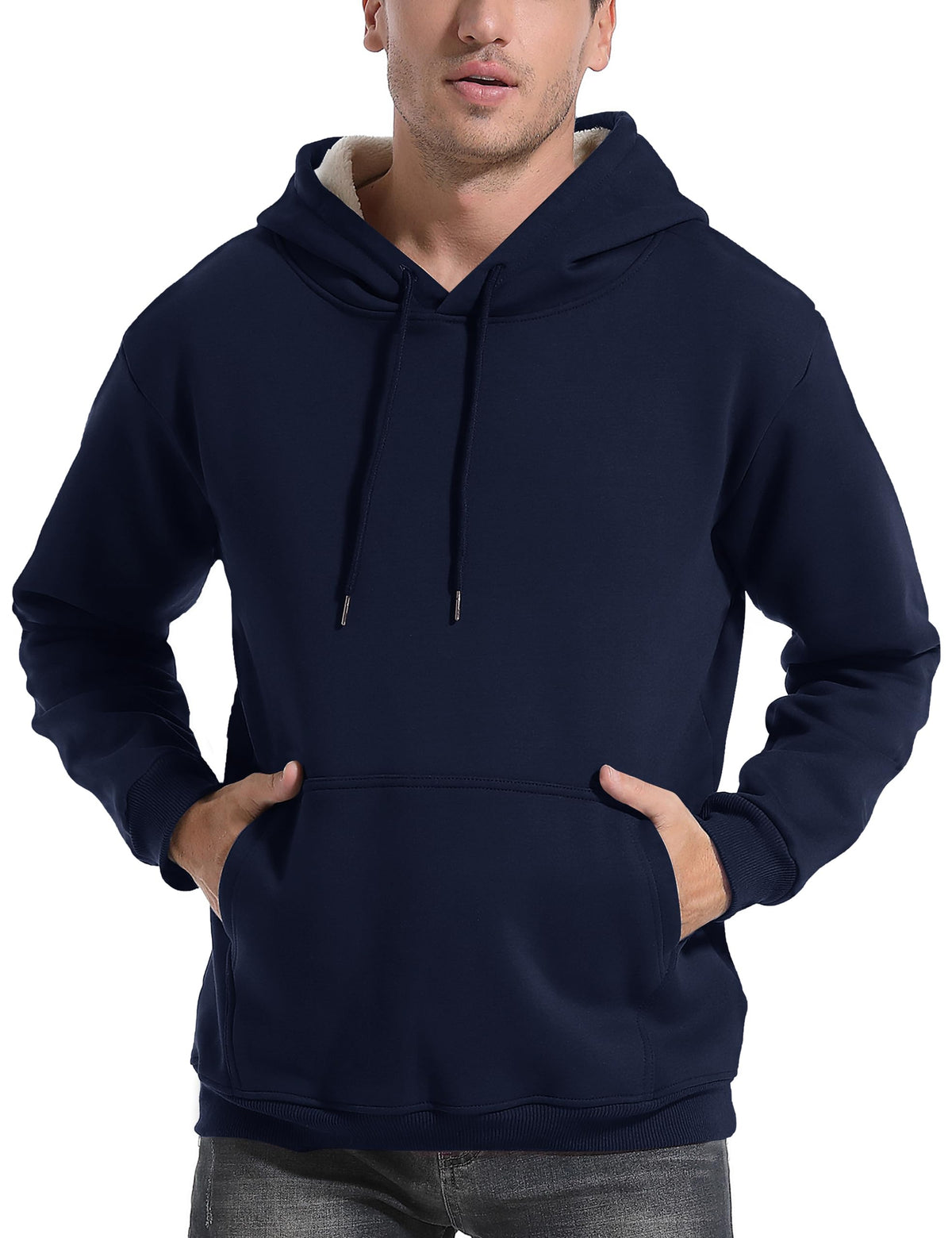 Men's sherpa-lined fleece hoodie, pullover hood with drawstrings, kangaroo pocket, navy blue.
