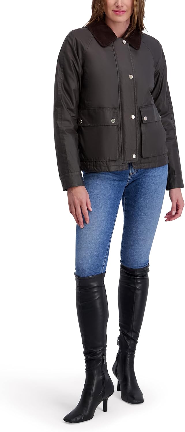 Women's waxed cotton barn jacket, chocolate brown, snap-button front and flap chest pockets