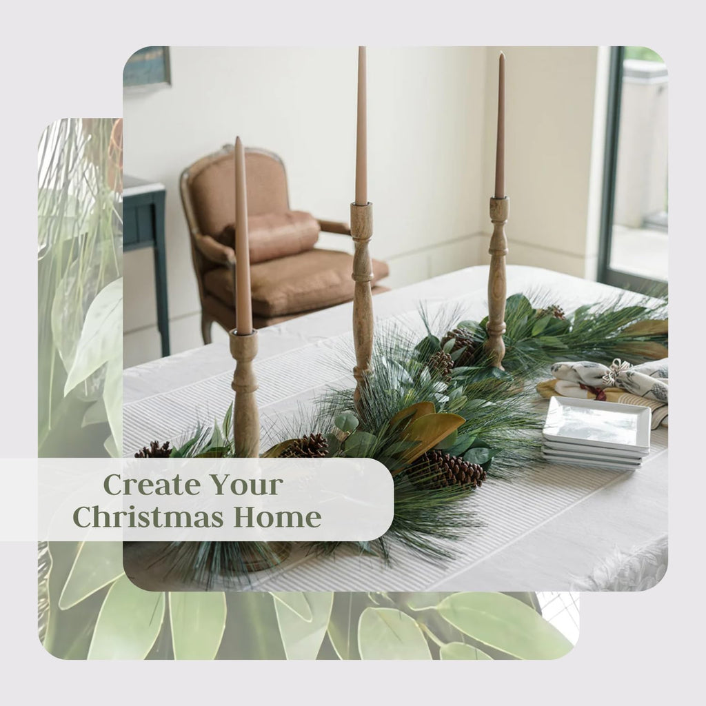 Artificial Christmas garland on dining table with dark green foliage and pine needles