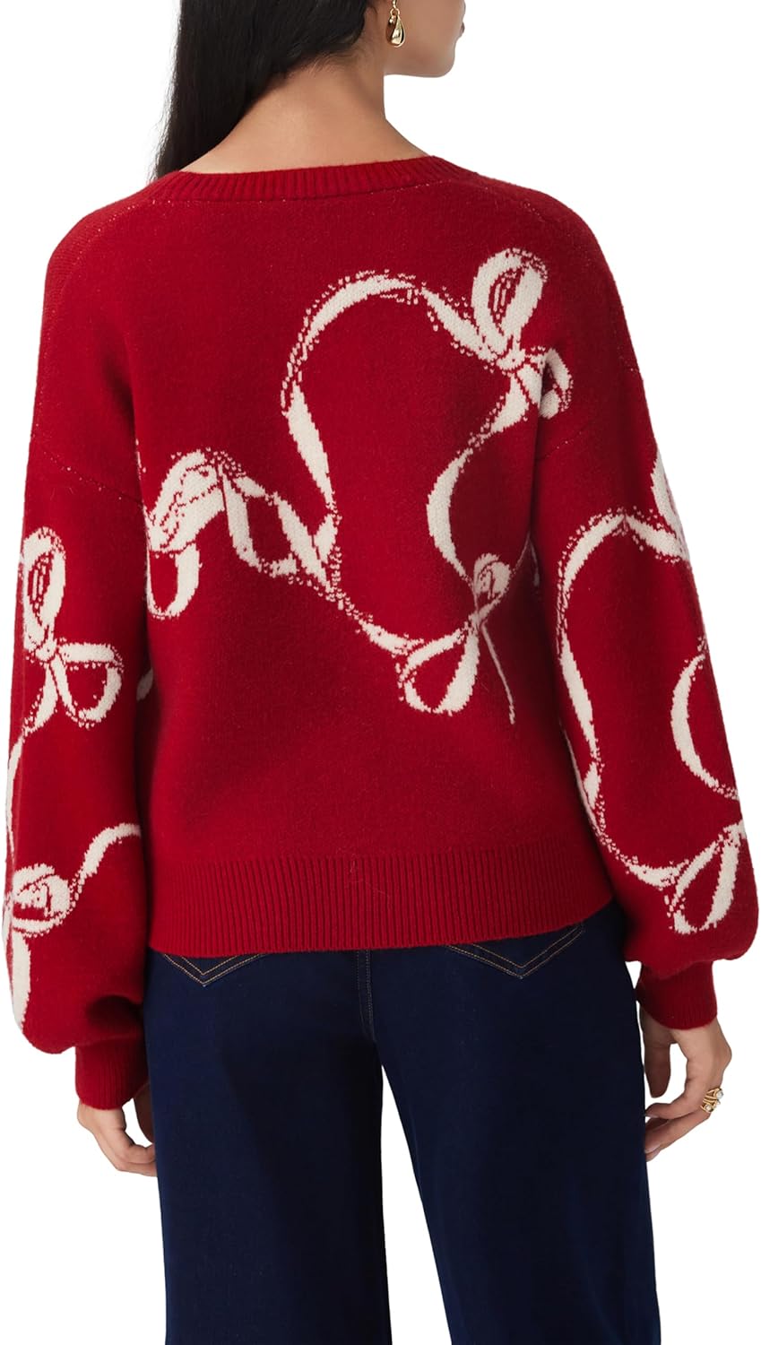 Women’s red cardigan sweater, long sleeves, back view with white bow graphic print