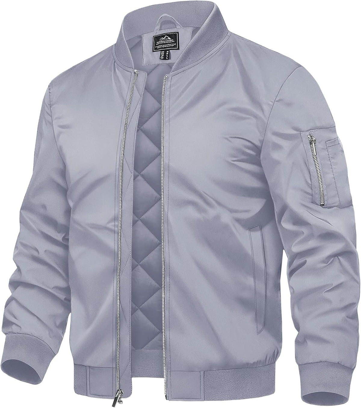 Men's light-gray bomber jacket with quilted lining, full-zip stand collar, sleeve pocket